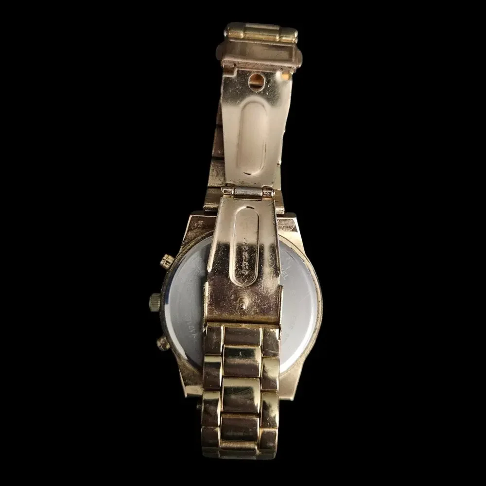 Gold Tone Black Dial Chronograph Style Quartz Wristwatch Bracelet